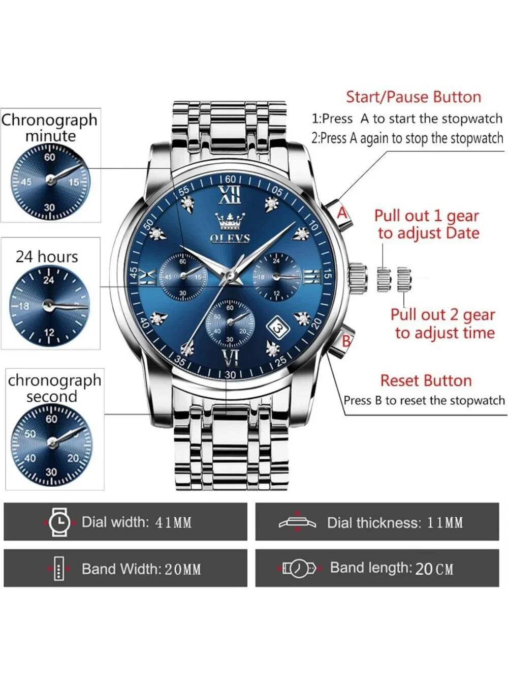 Olevs Men All Silver And Blue Multifunction Waterproof Luminor Chronograph Watch